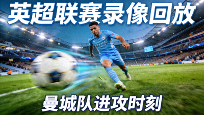 英超联赛足球比赛录像回放封面，曼城队球员控球进攻